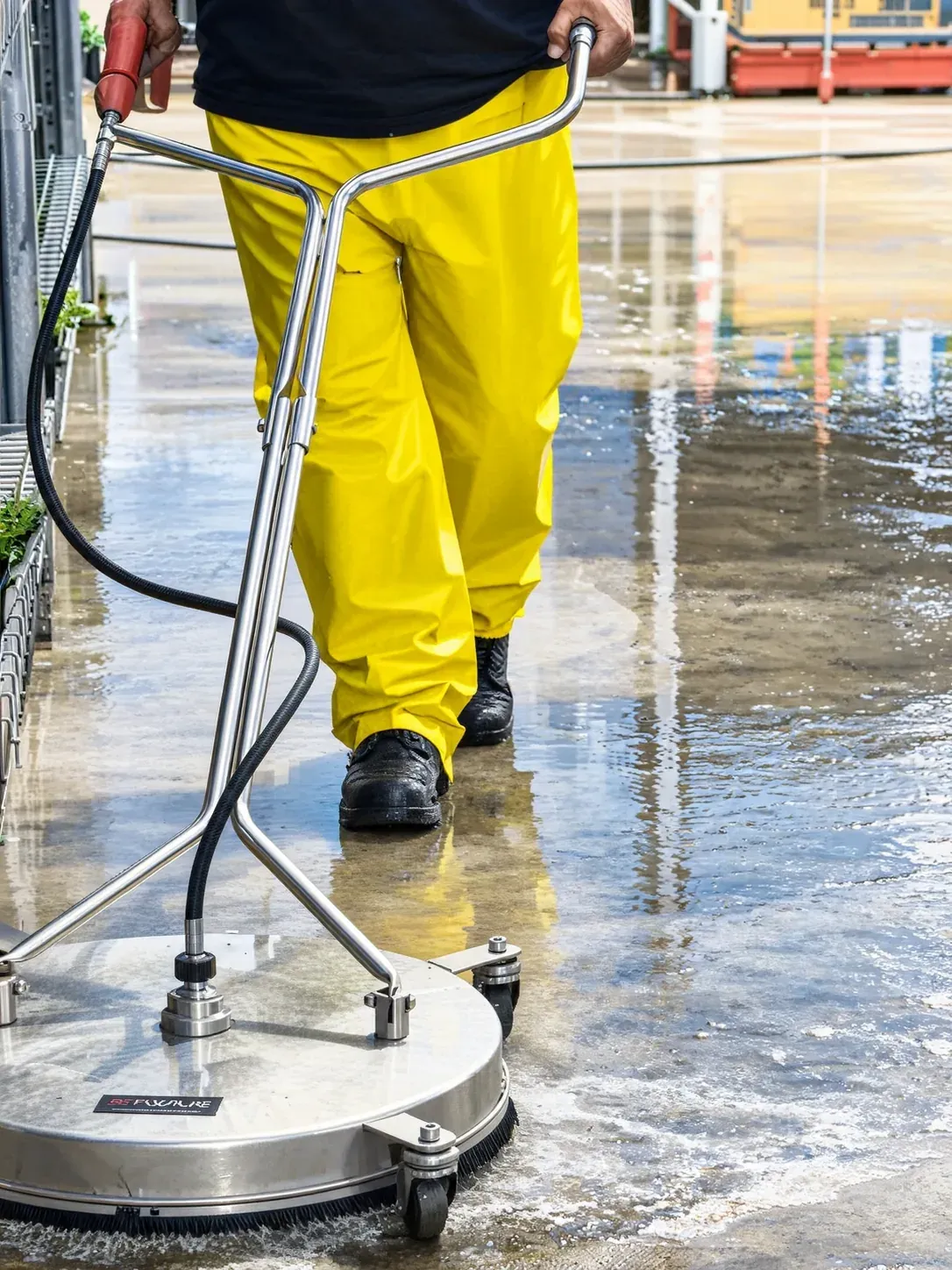 HNT team member pressure cleaning a wet floor with a surface cleaner