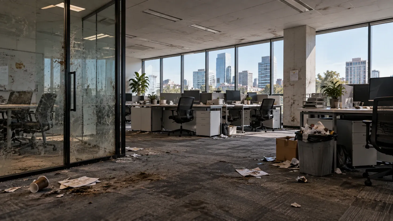 Neglected open plan office with smeared glass partitions, rubbish across the carpet and an overflowing bin