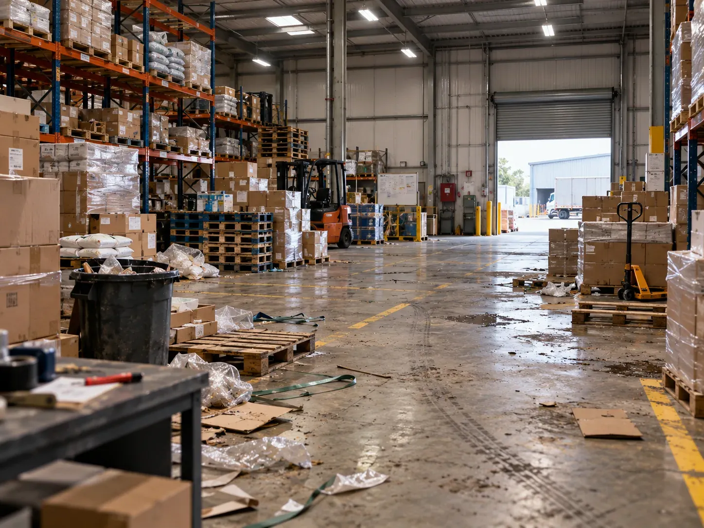 Industrial warehouse floor with litter, wrap and debris before cleaning