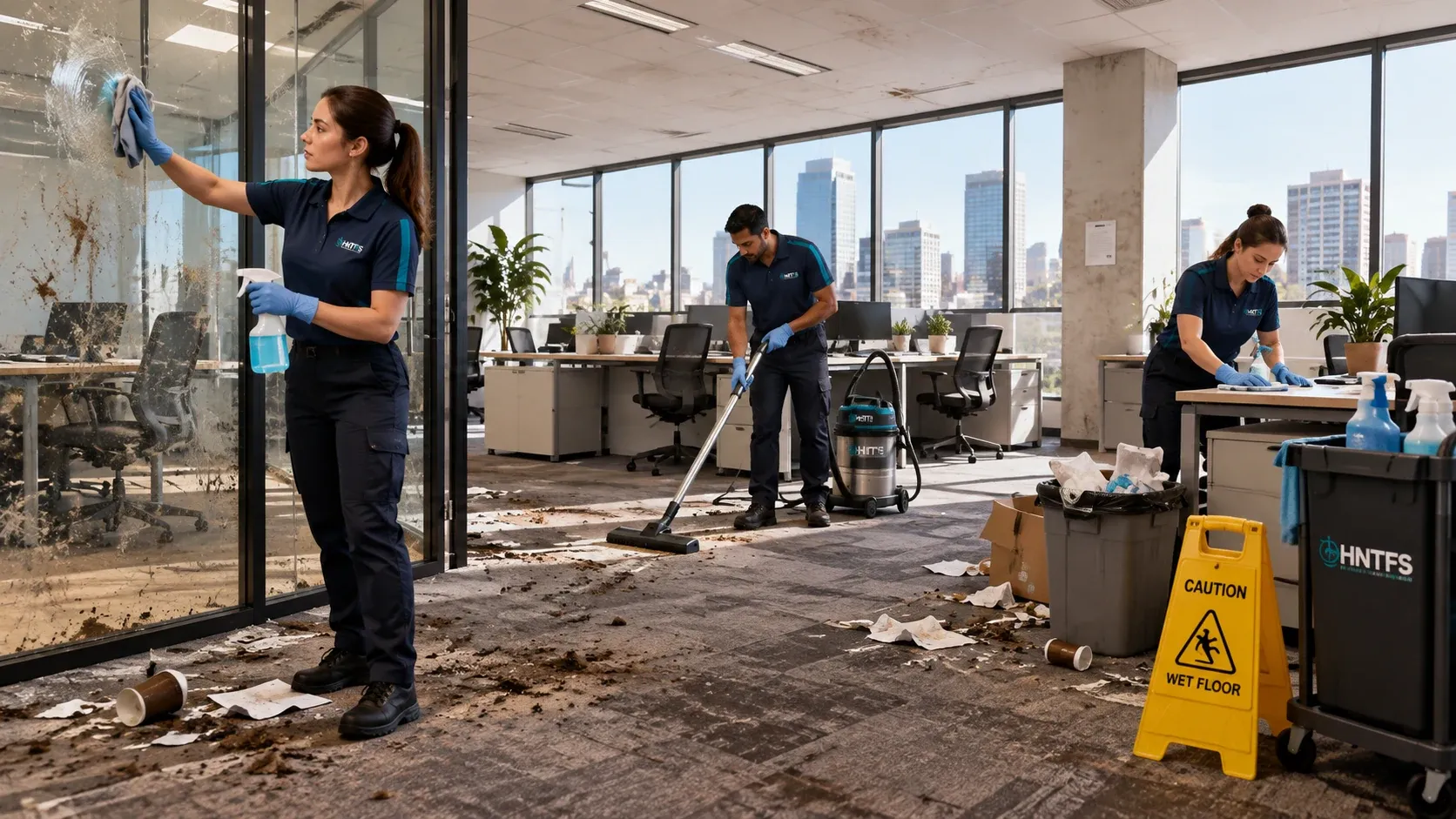 HNT Facility Services cleaners in navy uniforms wiping glass, vacuuming the carpet and sanitising desks