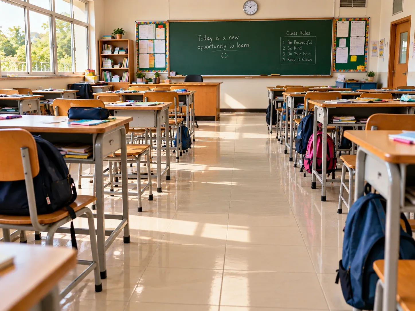 The same classroom tidy with clean floors after cleaning