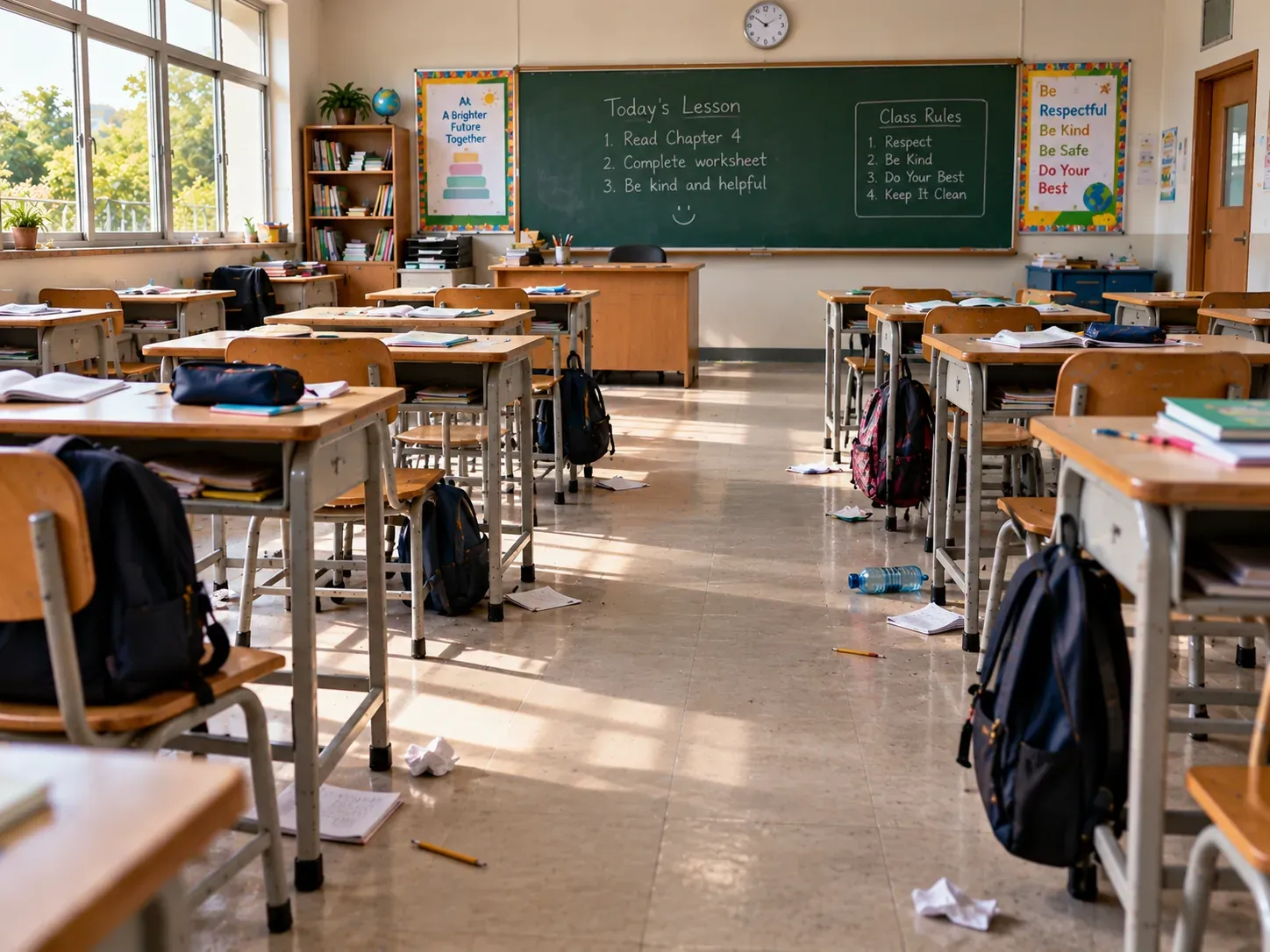 Classroom with scattered paper and bags on the floor before cleaning