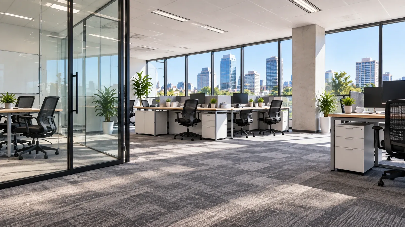 The same office after cleaning, with clear glass, fresh carpet and tidy workstations in natural light