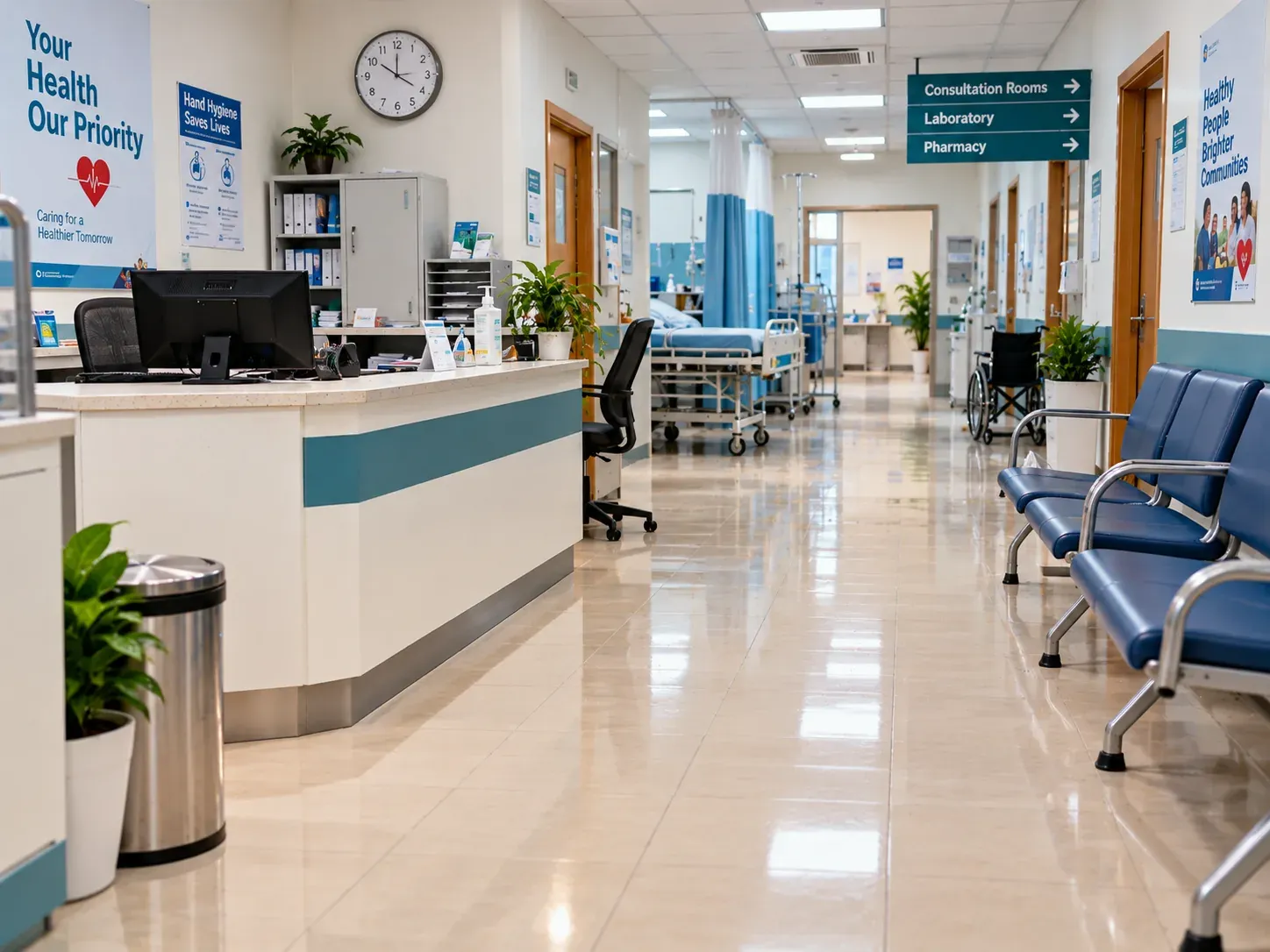 The same healthcare corridor spotless after cleaning