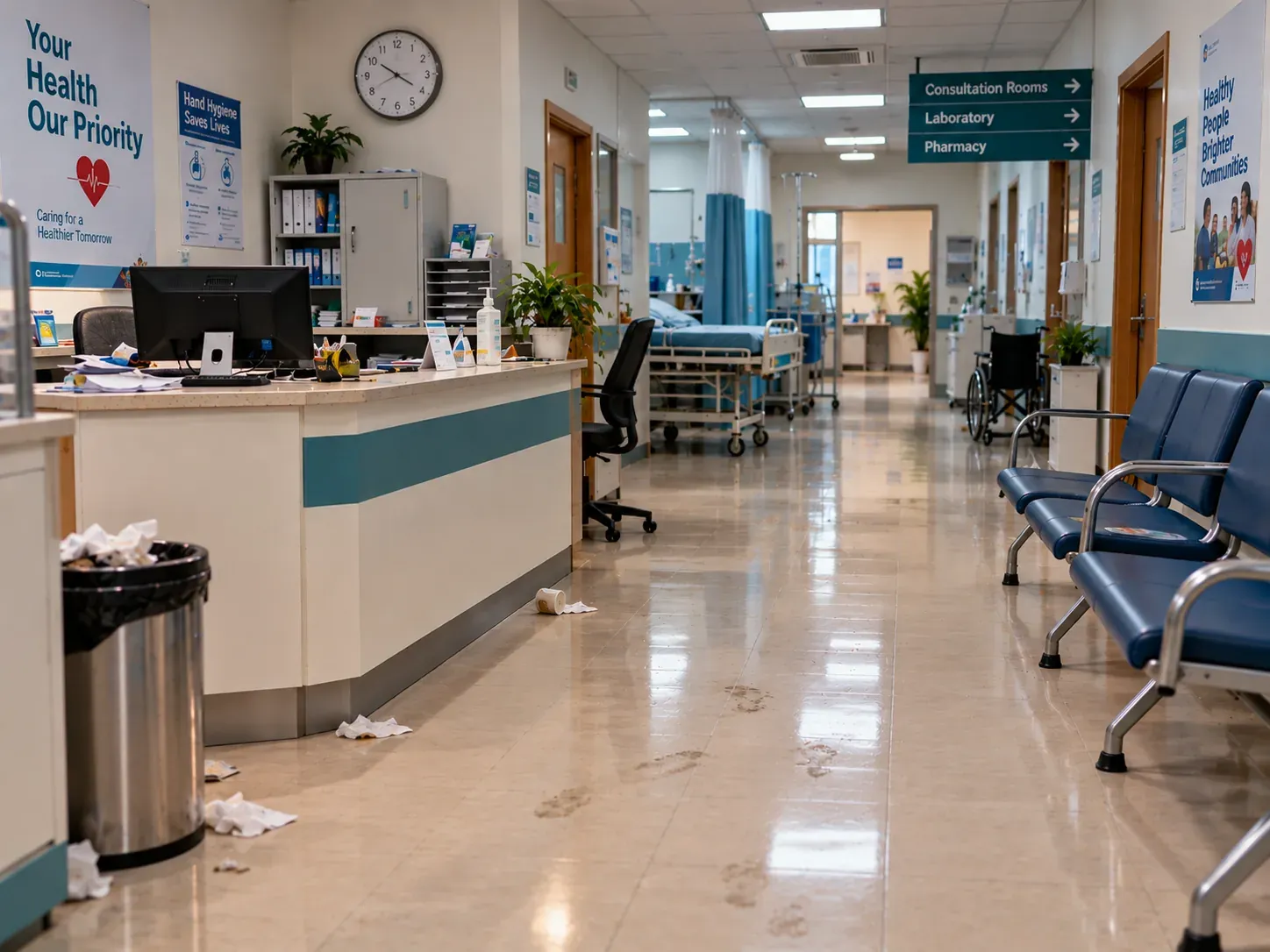 Healthcare centre reception and corridor with rubbish and footprints before cleaning