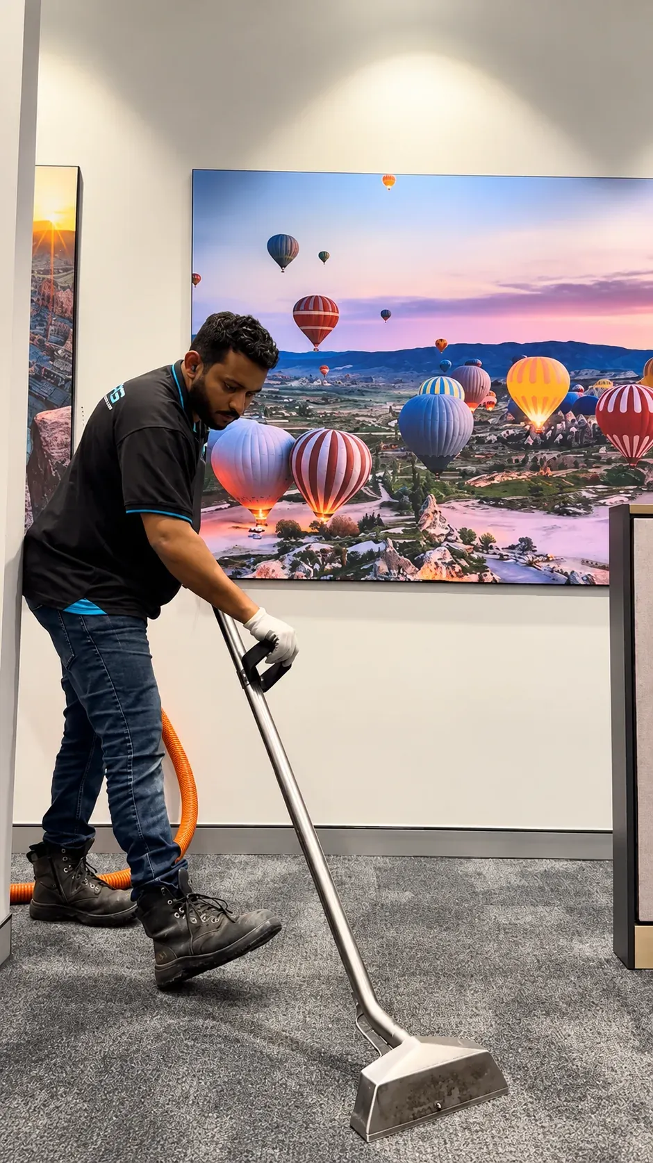 HNT team member vacuuming carpet in a modern office