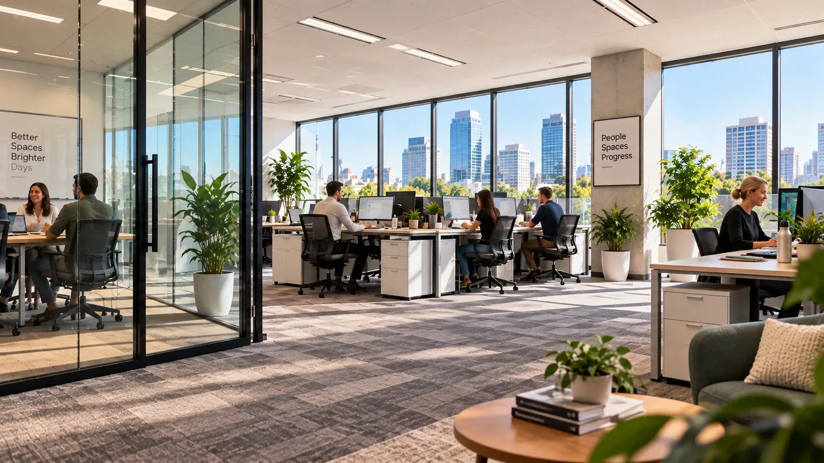 Office staff meeting and working at their desks in the freshly cleaned, bright workspace