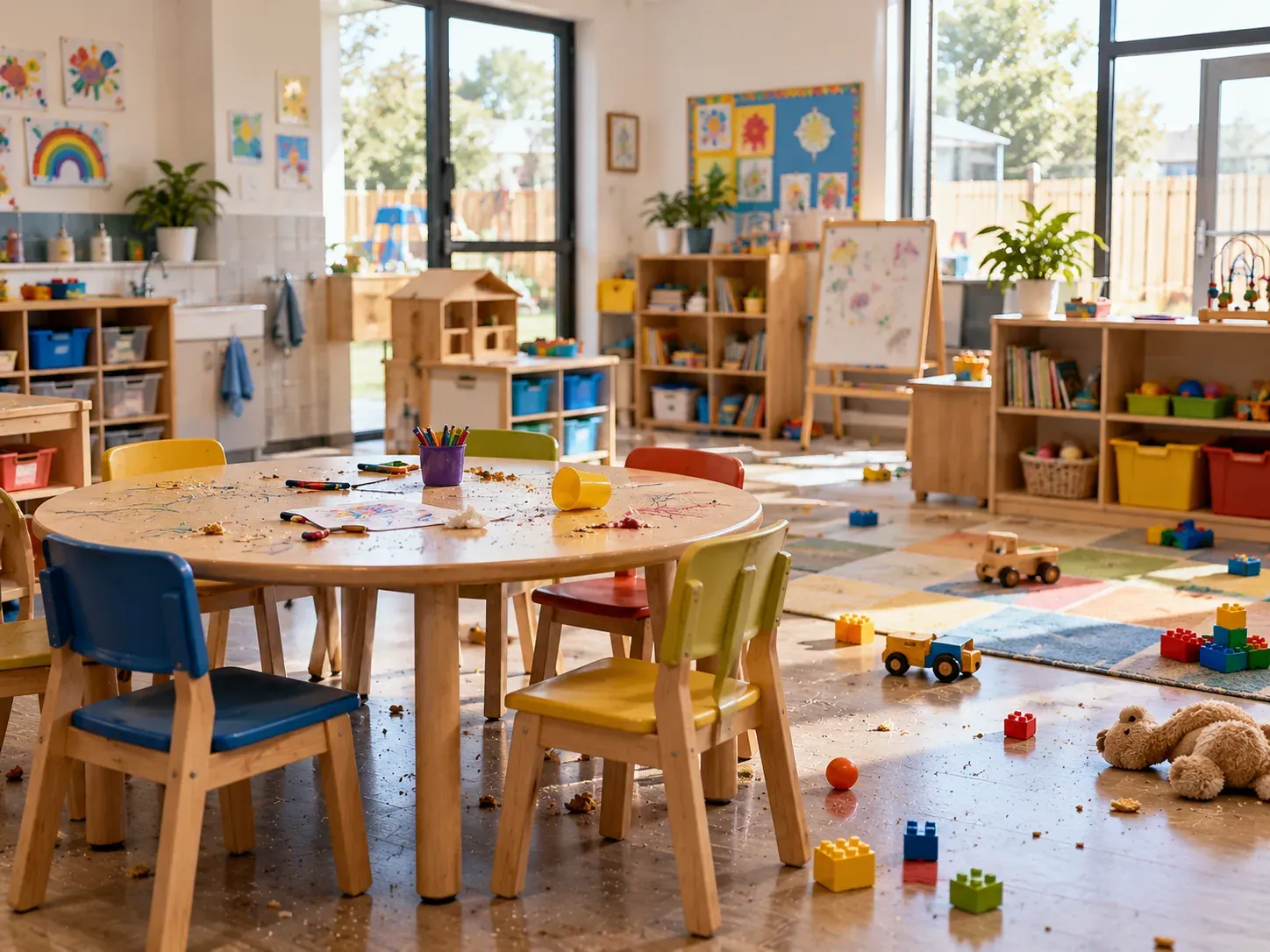 Child care centre room with crumbs, crayon marks and toys on the floor before cleaning