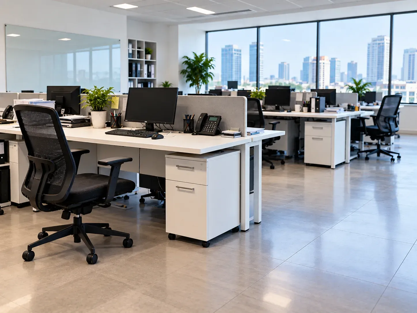The same open plan office with clean floors and clear desks after cleaning