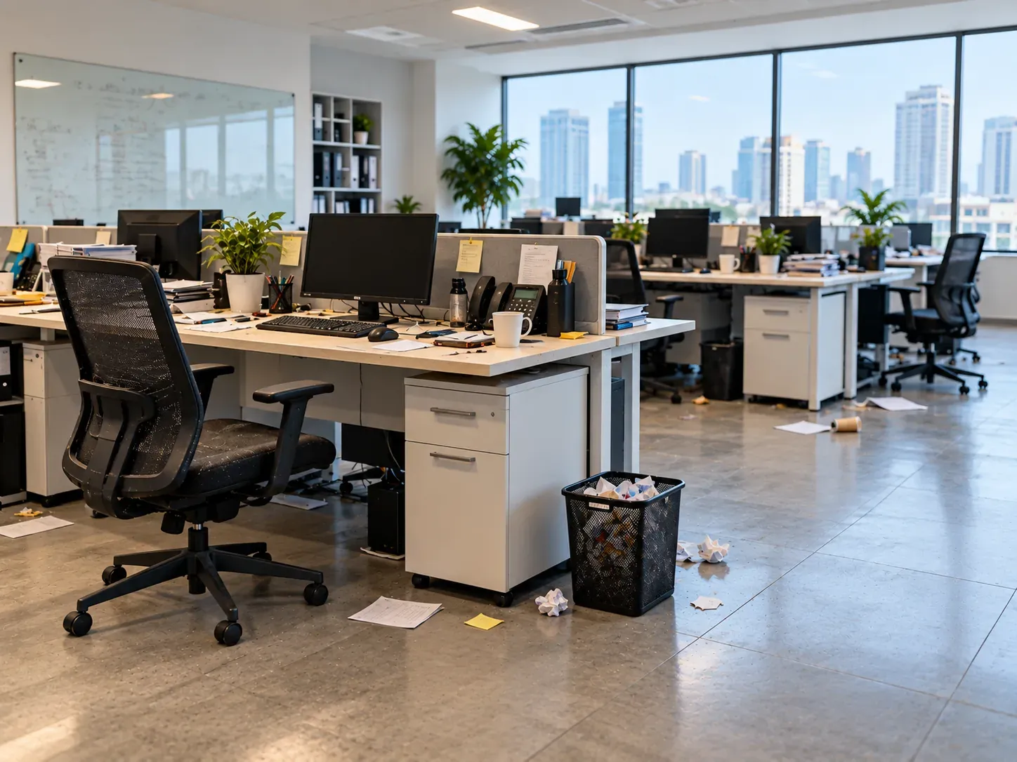 Open plan office with paper on the floor and a full bin before cleaning