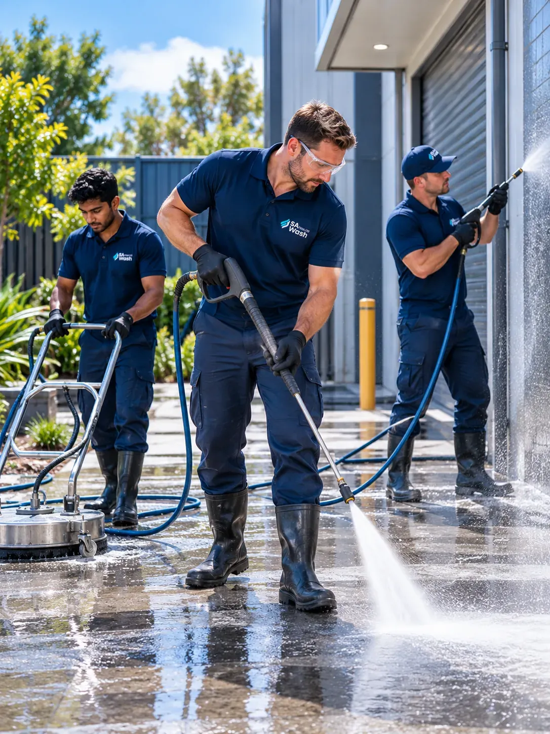 Three SA Pressure Wash technicians in navy uniforms pressure washing a paved forecourt and an exterior wall, one using a rotary surface cleaner
