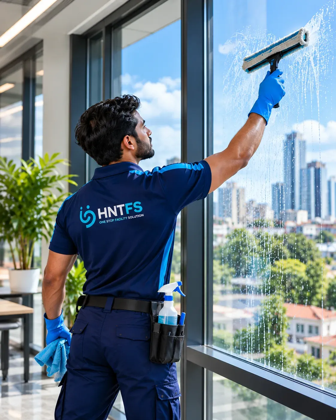 HNT cleaner in a navy uniform squeegeeing a large office window with the city skyline behind