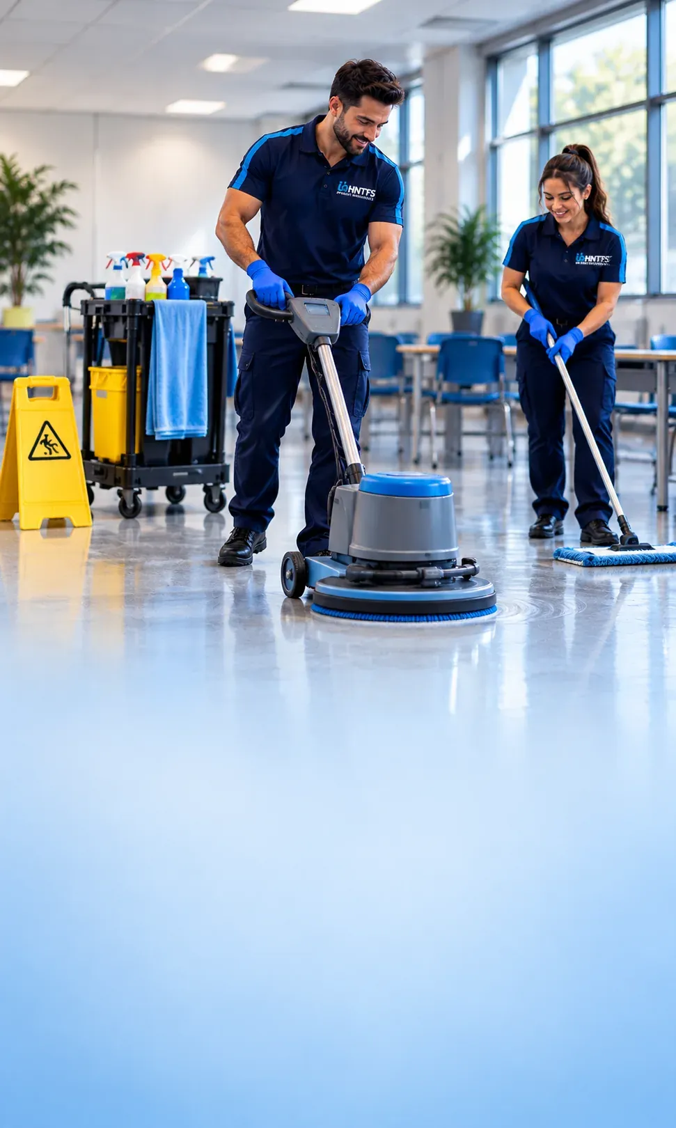Two HNT Facility Services cleaners buffing and mopping a polished floor