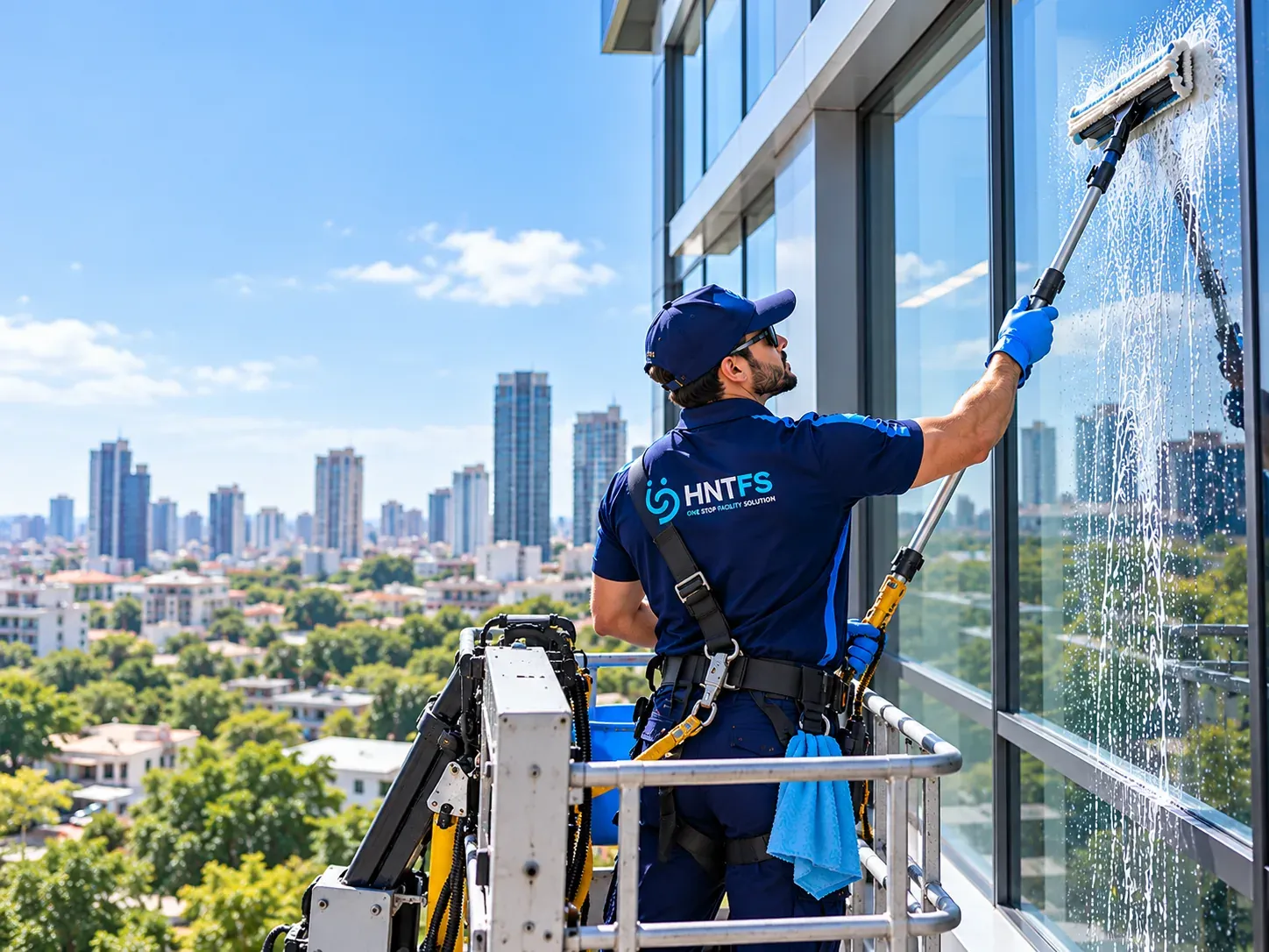 HNT cleaner in a safety harness on an access platform cleaning the glass of a multi storey building