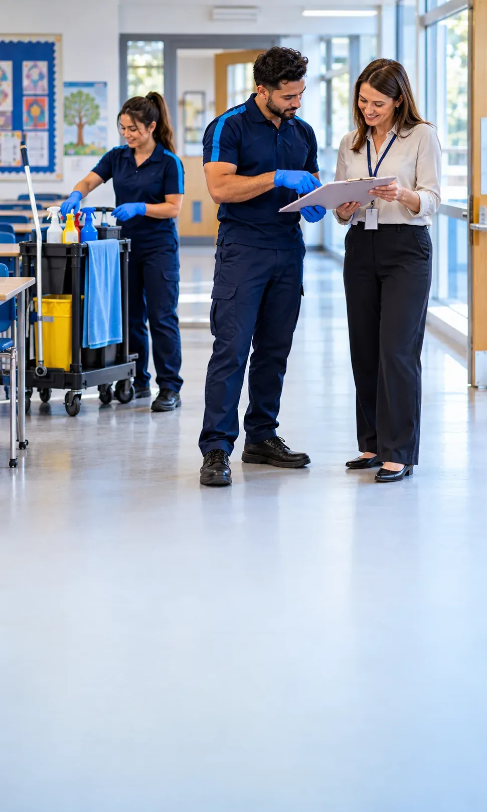 An HNT Facility Services cleaner reviewing a cleaning schedule with a site manager in a school corridor
