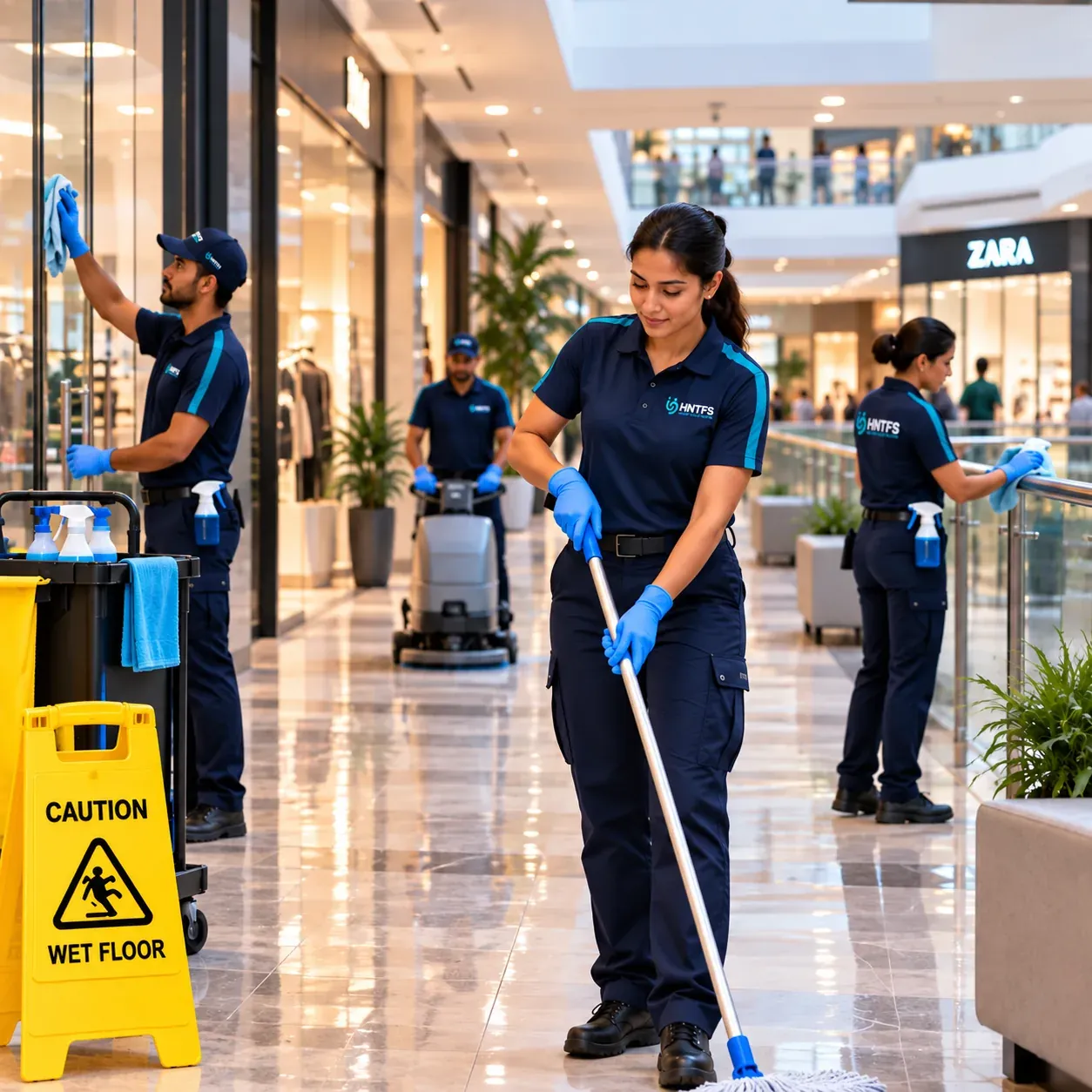 HNT Facility Services team in navy uniforms mopping floors, scrubbing and wiping glass shopfronts inside a shopping centre