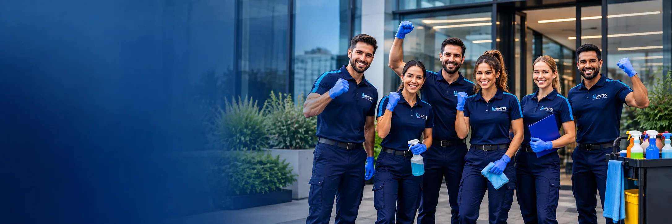Smiling HNT Facility Services team members in navy uniforms and blue gloves outside a commercial building with a cleaning trolley