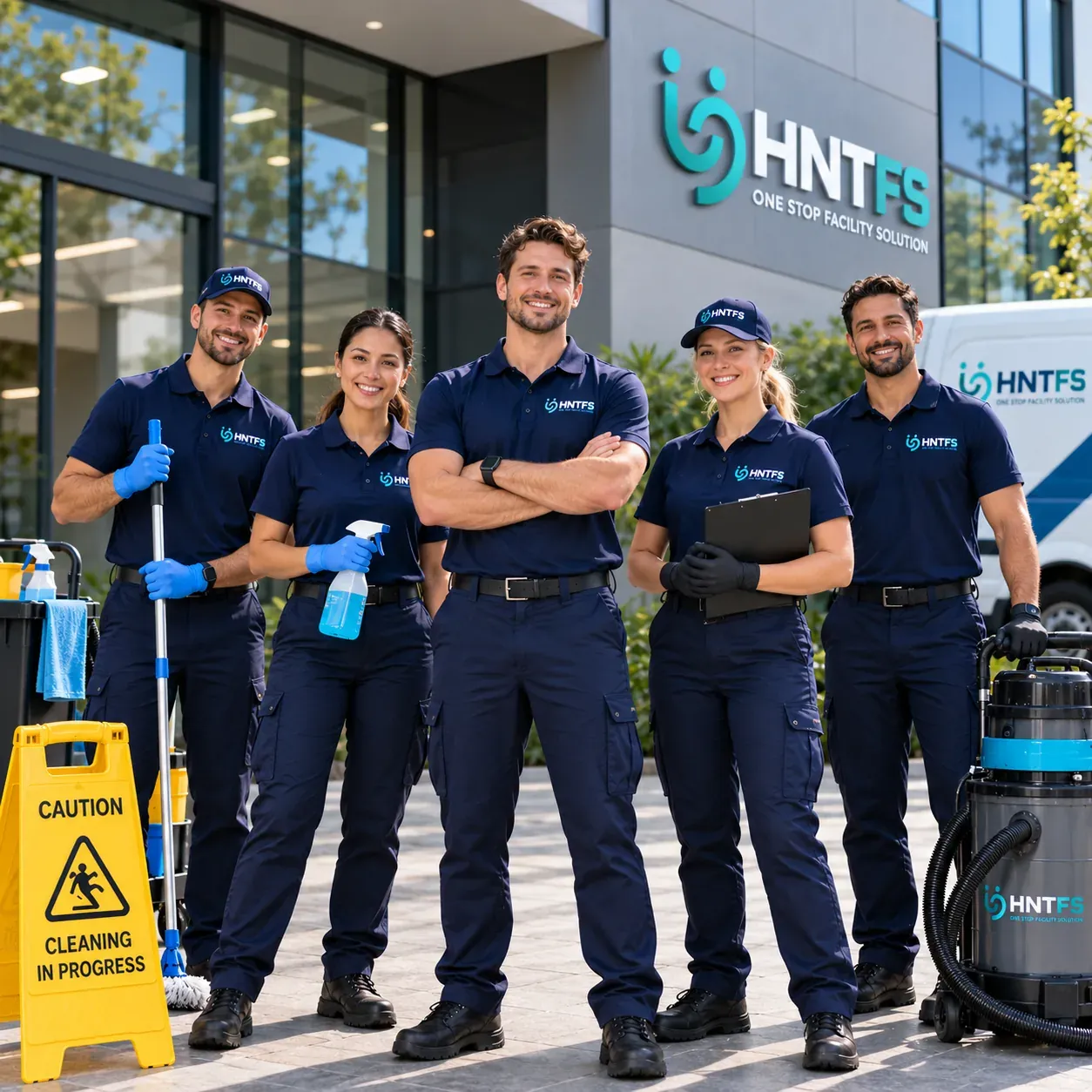 Five HNT Facility Services team members in navy uniforms standing outside a commercial building with a caution sign, cleaning supplies and a wet and dry vacuum