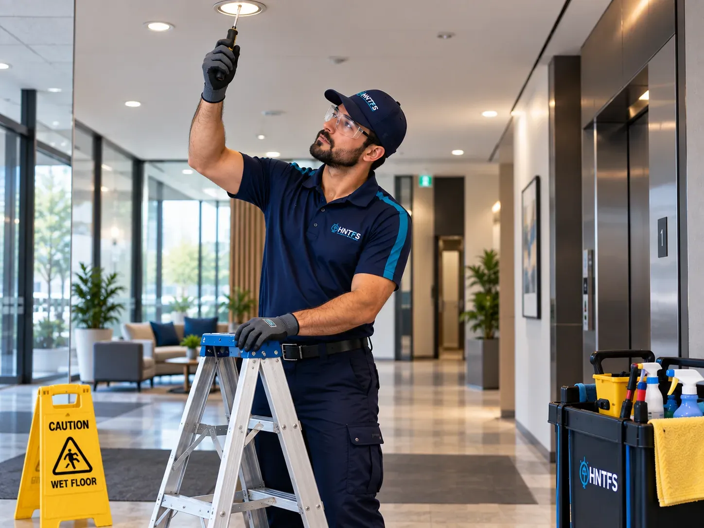 HNT technician on a step ladder working on a ceiling light in a commercial building lobby