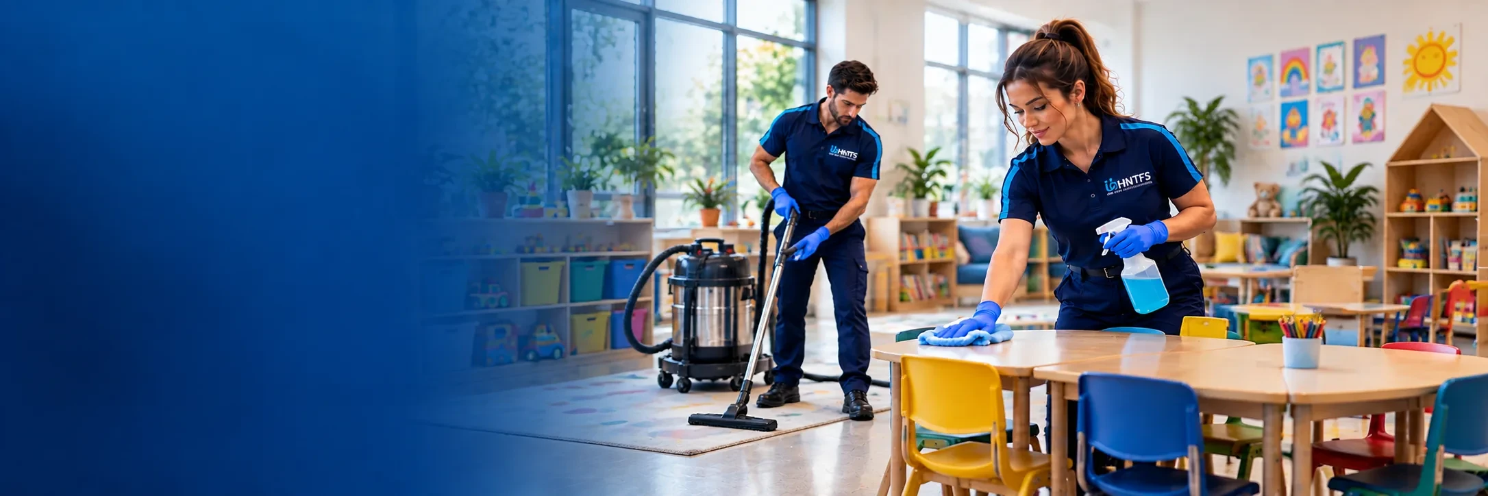 HNT cleaners wiping toy shelves and machine scrubbing the floor of a child care centre play room