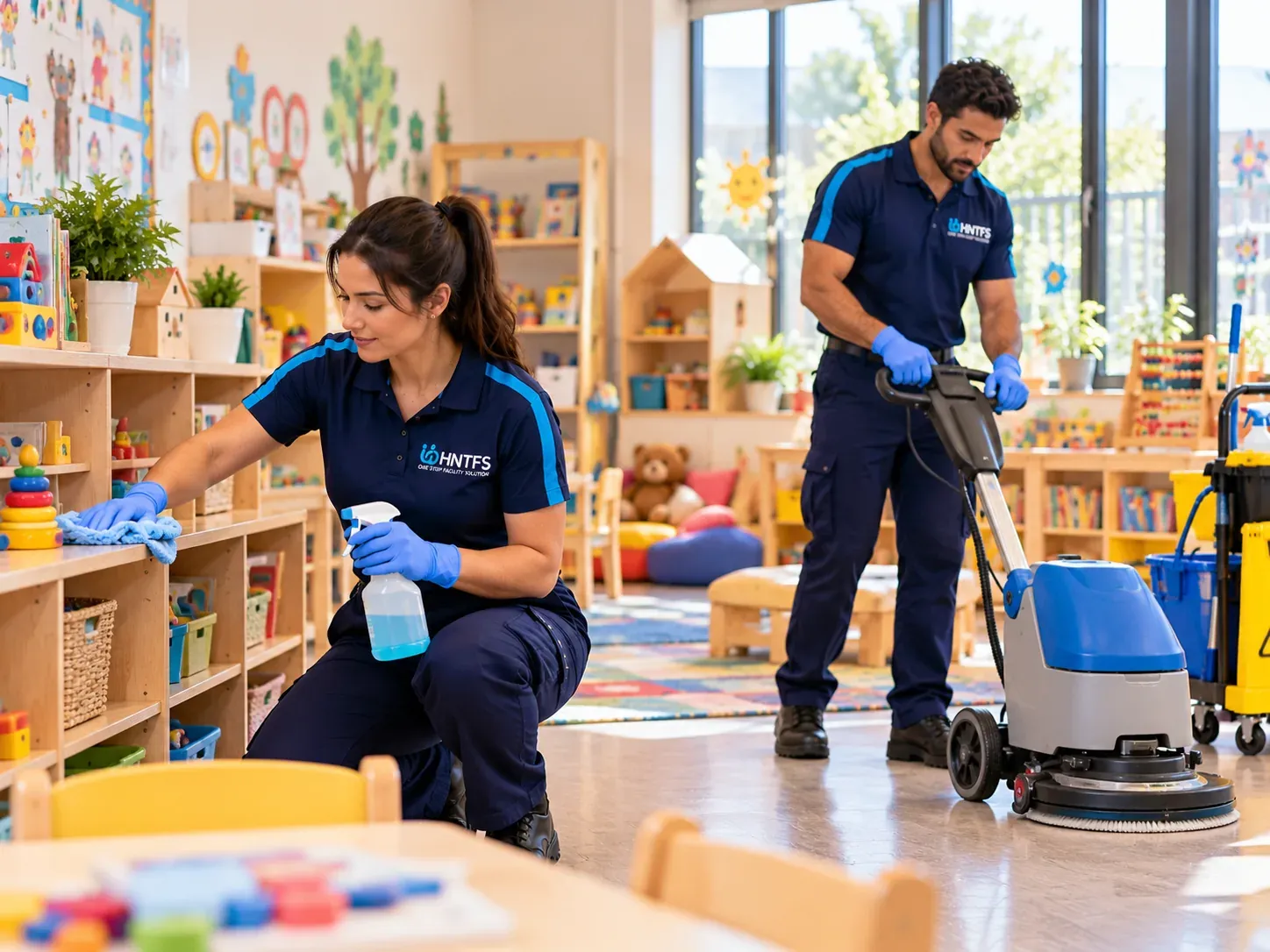 HNT cleaners wiping toy shelves and machine scrubbing the floor of a child care centre play room