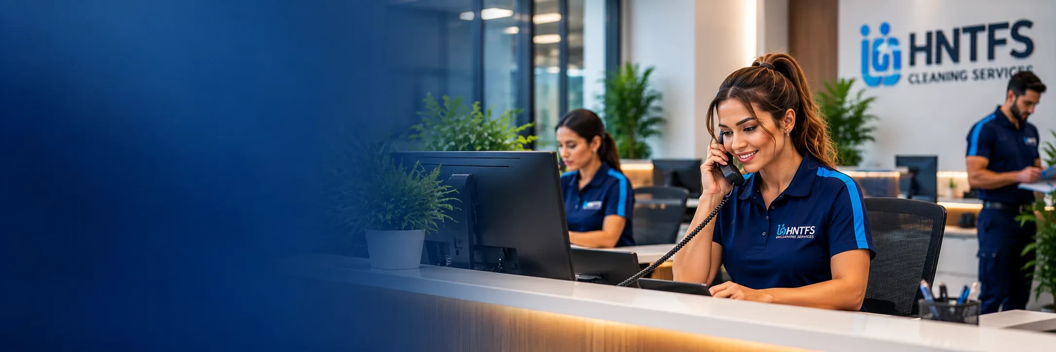 HNT Facility Services team member in a navy uniform answering a phone call at a reception desk