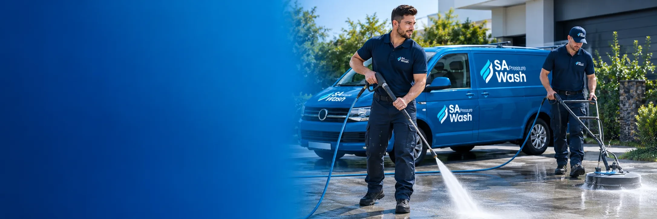 Two SA Pressure Wash technicians in navy uniforms pressure washing a paved forecourt beside a branded van