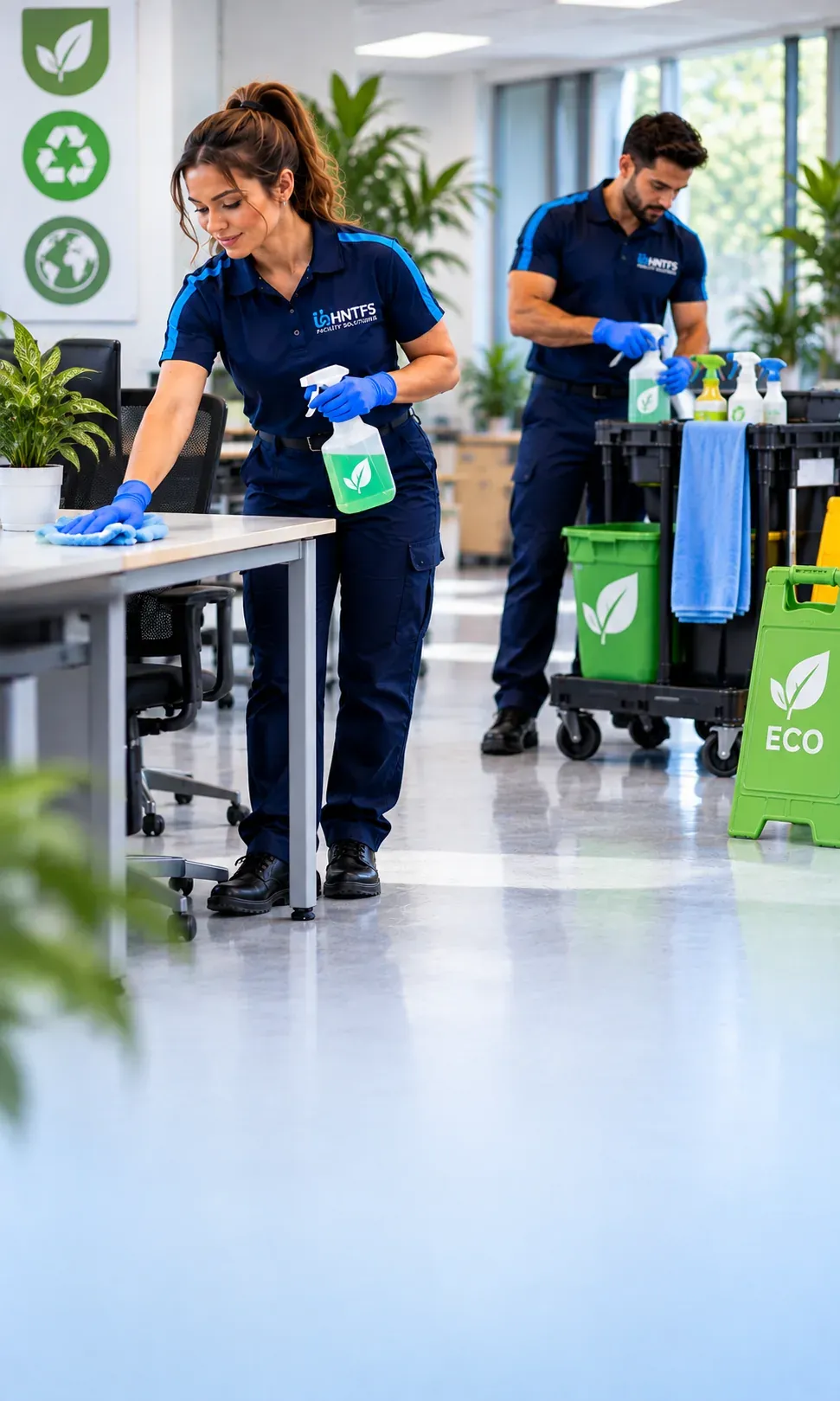 An HNT Facility Services cleaner wiping a desk with an eco friendly spray beside a green eco sign