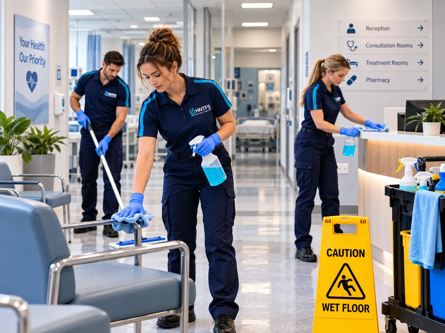 HNT cleaners wiping chairs, mopping and cleaning the reception counter in a healthcare centre