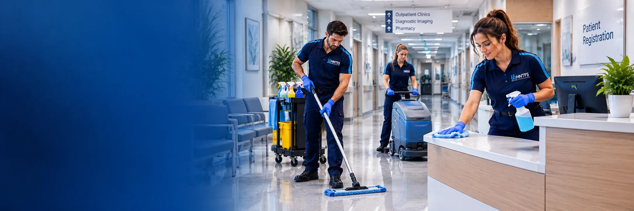 HNT cleaners wiping chairs, mopping and cleaning the reception counter in a healthcare centre