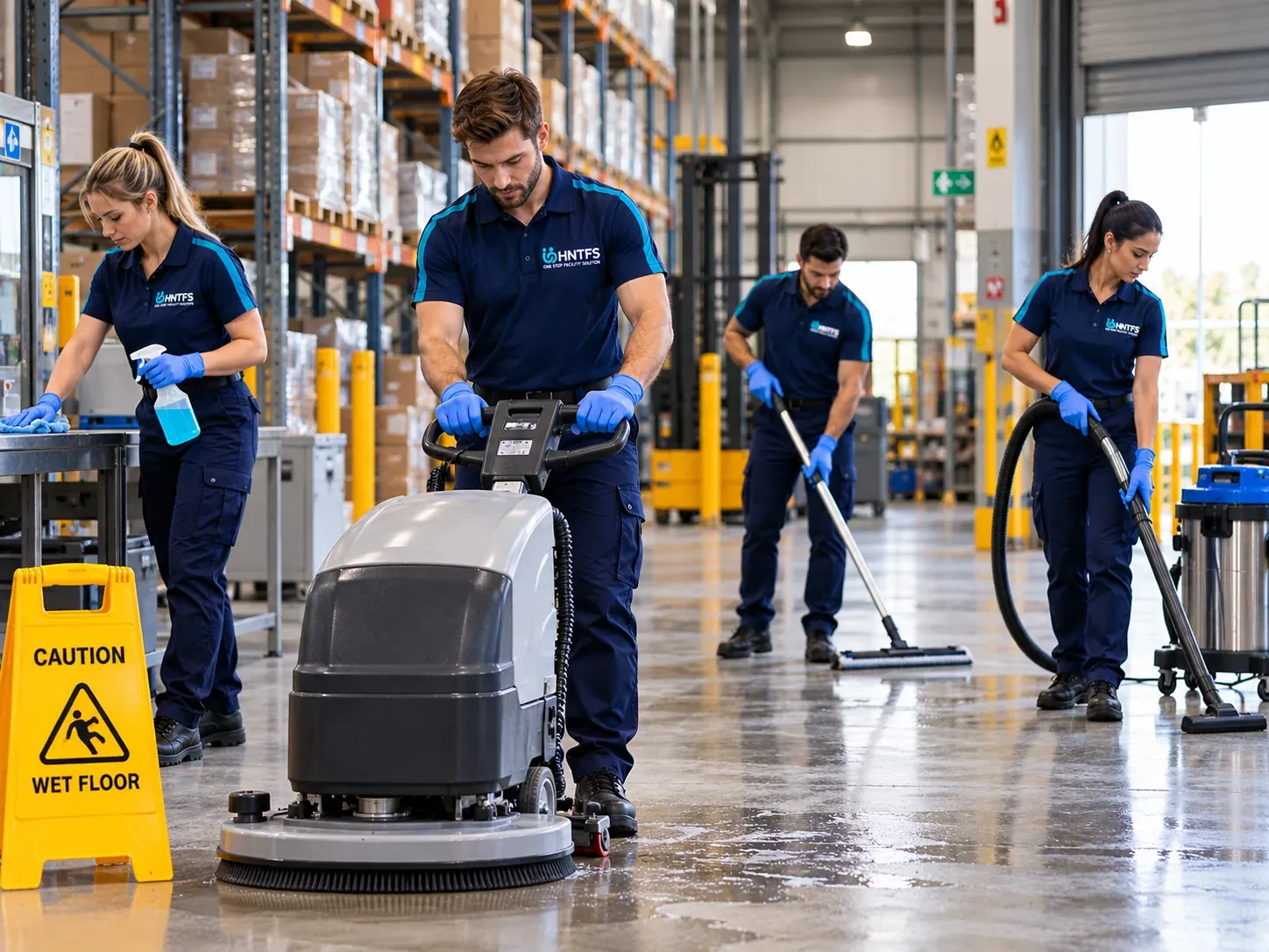 HNT crew machine scrubbing, mopping and vacuuming the floor of an industrial warehouse