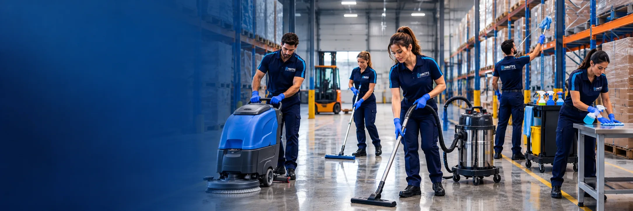HNT crew machine scrubbing, mopping and vacuuming the floor of an industrial warehouse