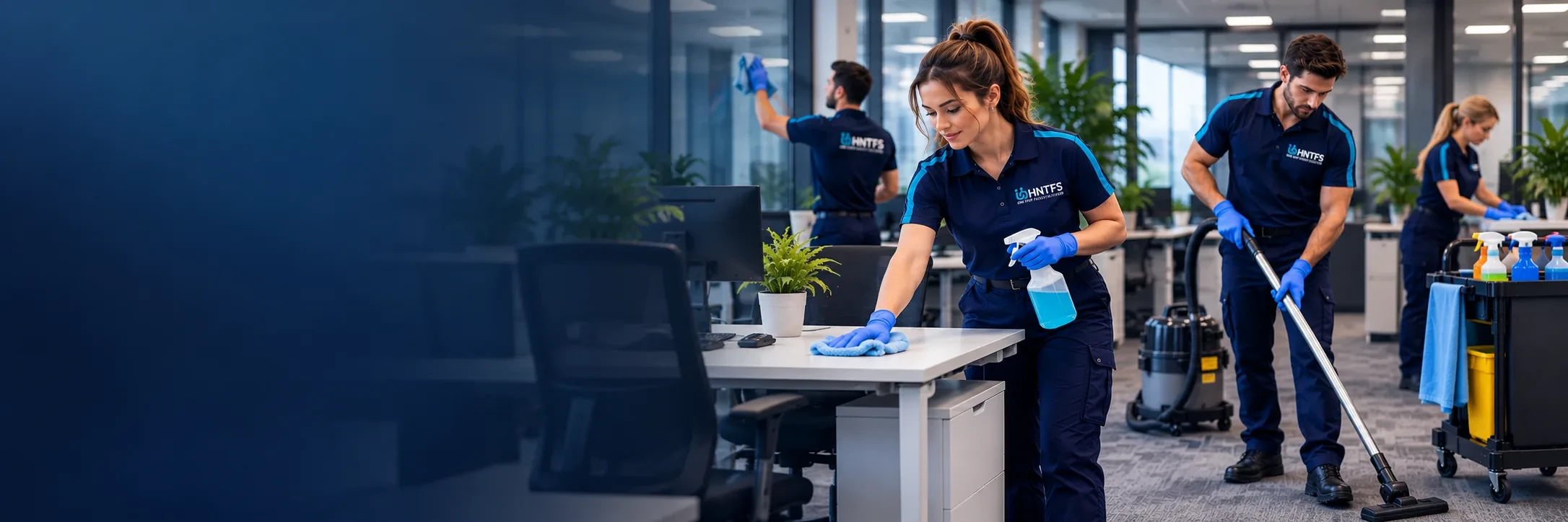 HNT cleaners wiping a desk and vacuuming carpet in an open plan office