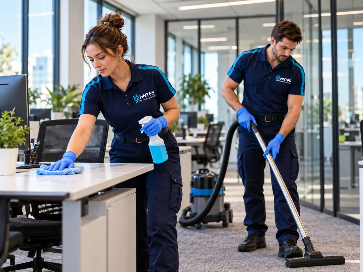 HNT cleaners wiping a desk and vacuuming carpet in an open plan office