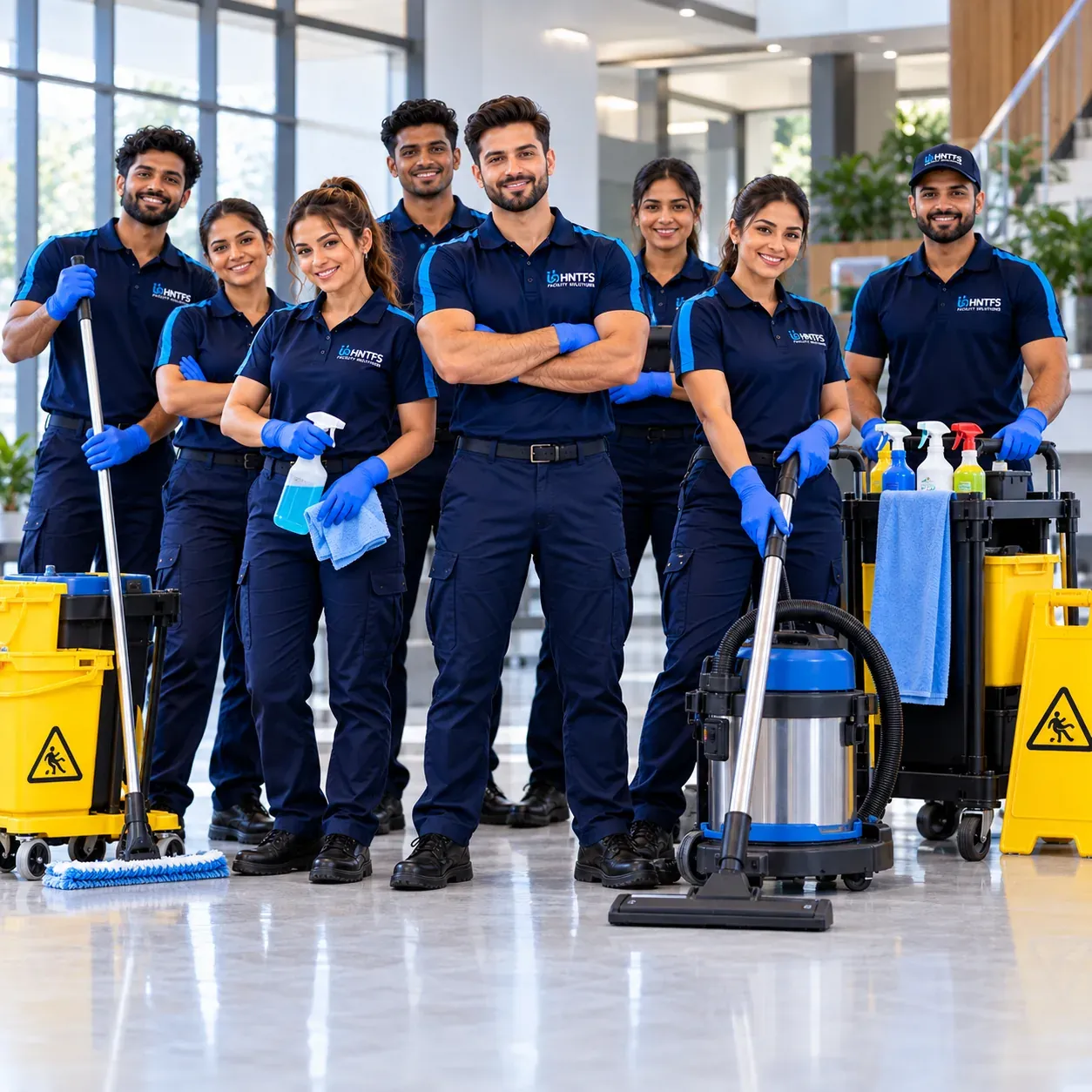 The HNT Facility Services team in navy uniforms with cleaning machines and trolleys in a bright lobby