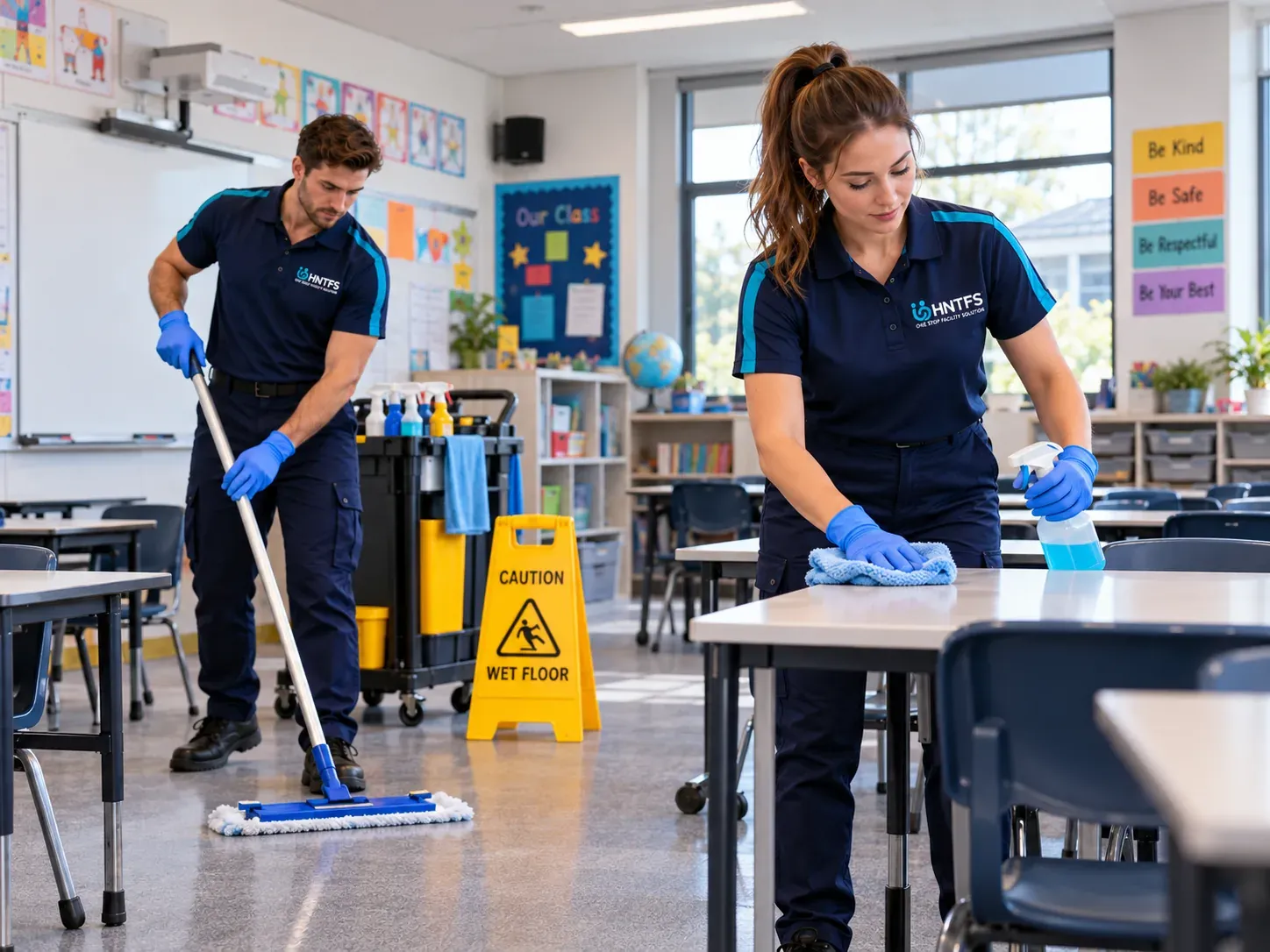 HNT cleaners mopping the floor and wiping desks in a school classroom