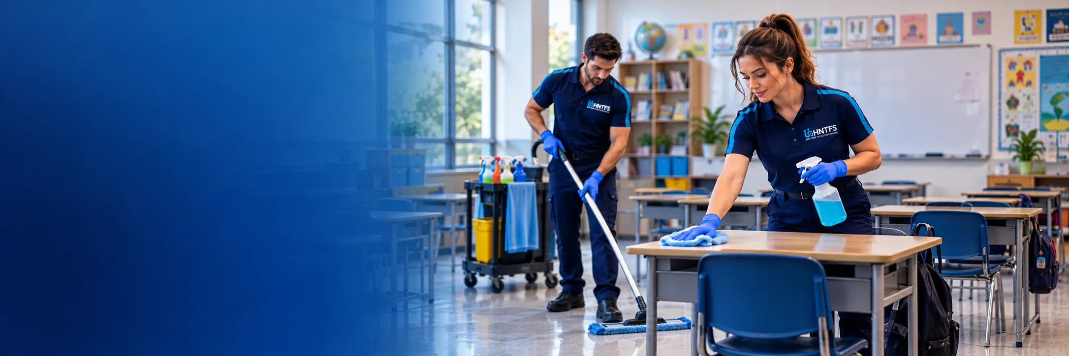 HNT cleaners mopping the floor and wiping desks in a school classroom