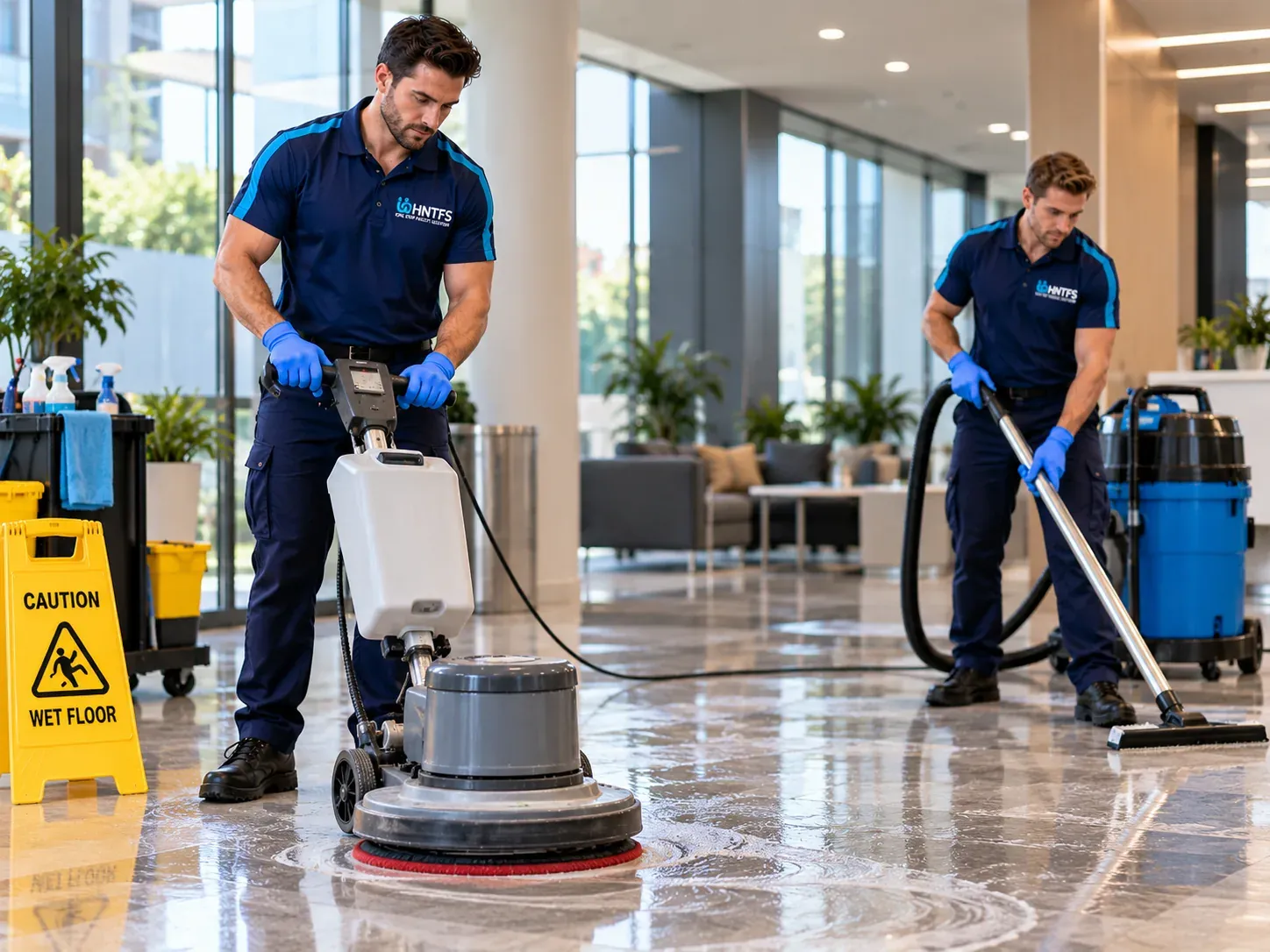 HNT crew machine scrubbing a polished stone floor while a colleague vacuums beside a wet floor sign