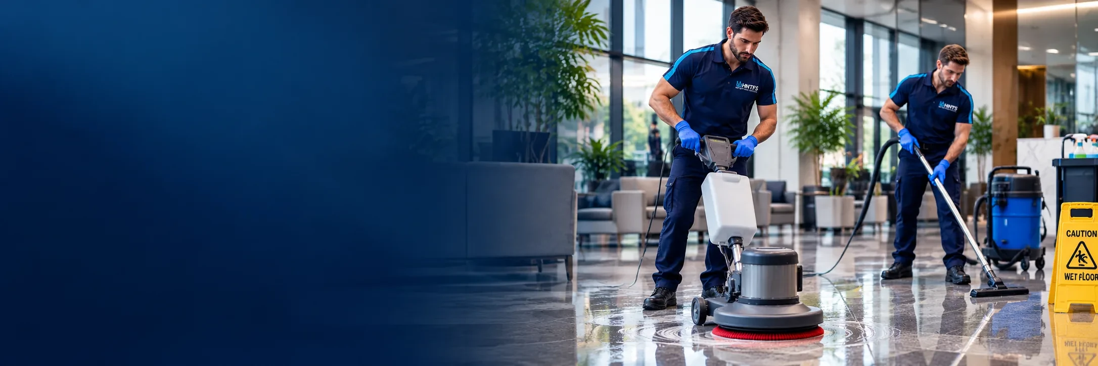 HNT crew machine scrubbing a polished stone floor while a colleague vacuums beside a wet floor sign