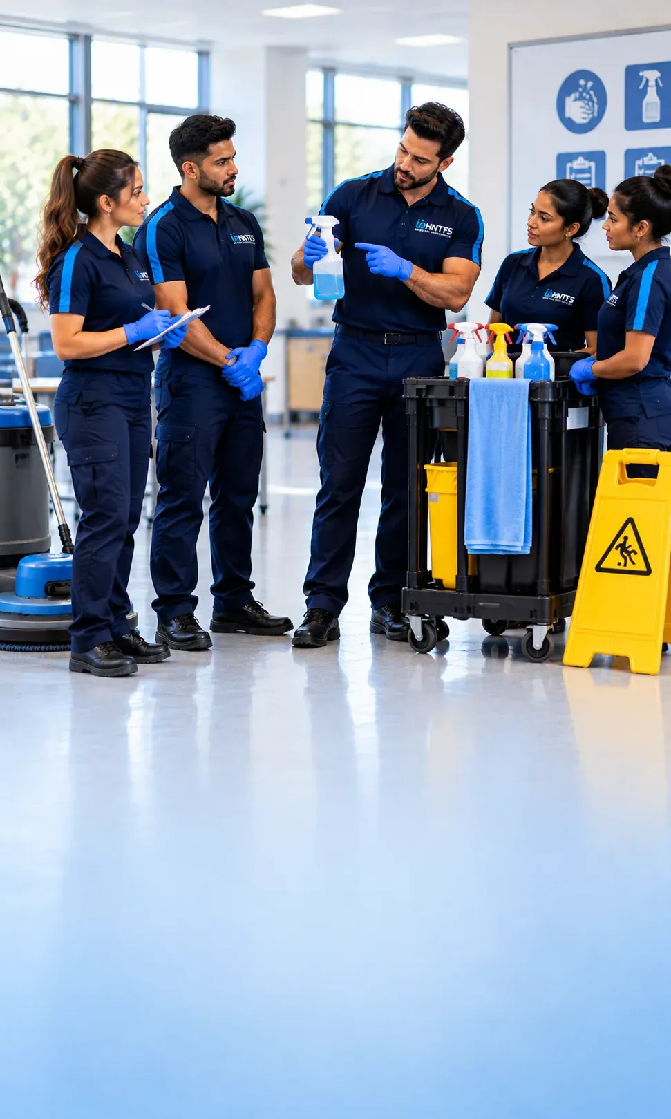 An HNT Facility Services team briefing around a cleaning trolley